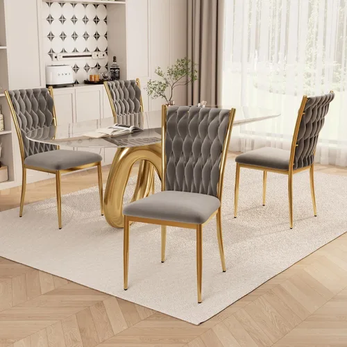 Vista 28 de Juego de 2 sillas de comedor de terciopelo, modernas sillas de cocina tejidas con patas de metal dorado, cojín tapizado con respaldo alto