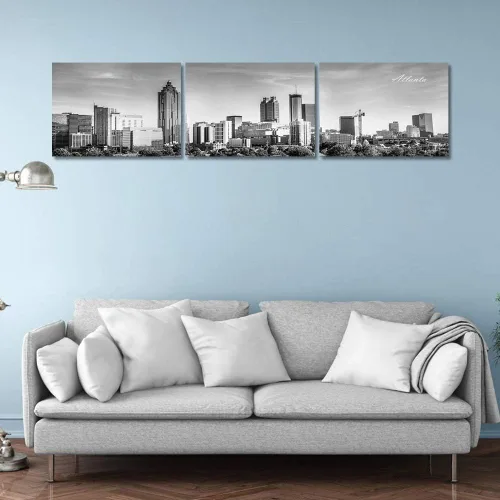 Vista 3 de TUMOVO 3 piezas de arte de pared en lienzo con diseño de horizonte de Atlanta, arte de pared panorámico de paisaje urbano en blanco y negro