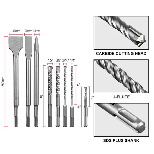 Vista 2 de SALI Juego de brocas de martillo giratorio SDS Plus de 8 piezas, kit de brocas para hormigón, material de carburo de doble rosca tipo cruz, adecuado