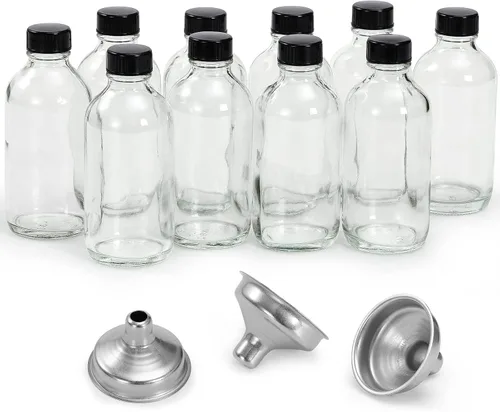Vista 11 de 6 Pack, botellas pequeñas de vidrio transparente de 4 onzas con tapas y 2 embudos de acero inoxidable - Botella de muestra Boston de 120ml