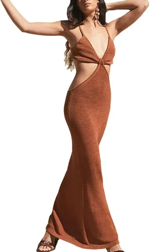 Vista 4 de Antopmen Vestido largo de punto con tirantes delgados para mujer, elegante, sexy, corte de fiesta, sin espalda, entallado, entallado