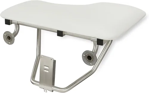 Vista 4 de Seachrome Asiento de ducha Lift-Assist, en forma de L, mano derecha, ADA, montaje en pared, acolchado blanco naugahído