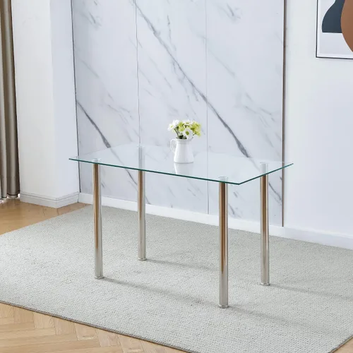 Vista 3 de Juego de 4 mesas y sillas de comedor de cristal moderno de 5 piezas para cocina pequeña, mesa rectangular de vidrio templado y 4 sillas de comedor