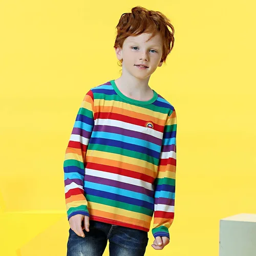 Vista 3 de Camisetas de manga larga de algodón para niños con diseño de rayas arcoíris