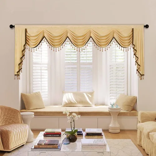 Vista 13 de ELKCA Cenefa de Cascada Jacquard con Cuentas de Lujo Beige Cenefas de Cortinas de Ventana para Sala de Estar, Bolsillo para Varilla, 1 Panel