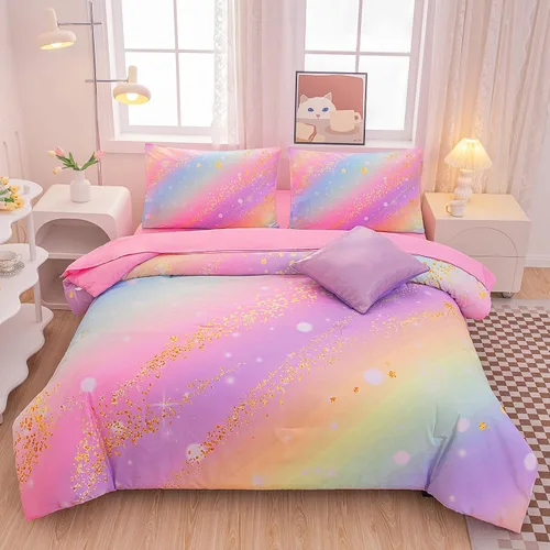 Vista 8 de Juego de ropa de cama arcoíris tamaño individual, edredón reversible de 5 piezas para niñas con sábana de bolsillo profundo, diseño degradado