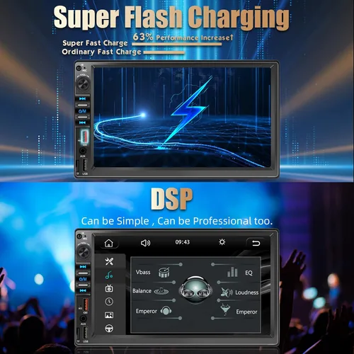 Vista 4 de Estéreo de auto doble DIN de 7 pulgadas en tablero con CarPlay con cable y Android Auto, reproductor multimedia para automóvil con súper carga, 2
