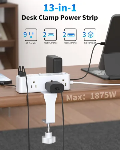 Vista 2 de HOPOW Regleta de alimentación con abrazadera de escritorio, estación de carga de montaje en el borde de escritorio con 9 salidas de CA, 4 USB