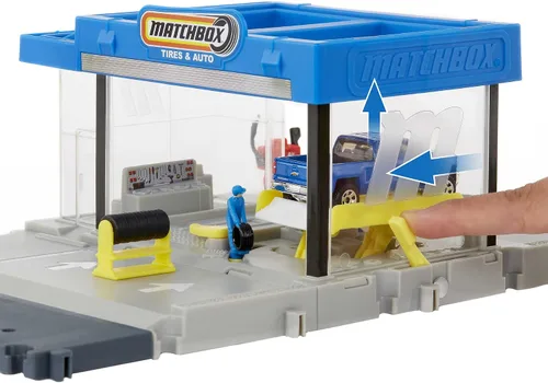 Vista 4 de Matchbox Action Drivers Auto Shop Playset con 1 Chevy Silverado, piezas móviles y figuras, juguete para niños de 3 años en adelante
