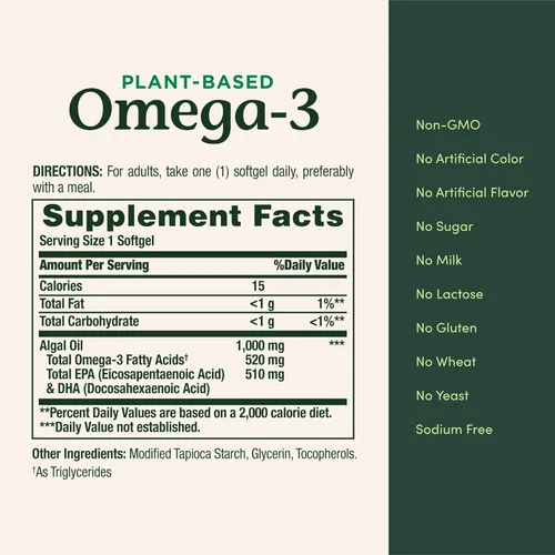 Vista 5 de Nature's Bounty Omega 3, suplemento de ácidos grasos omega 3 de origen vegetal, 520 mg, apoya la salud de todo el cuerpo, incluyendo corazón, piel