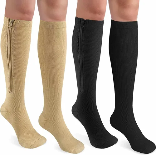 Vista 11 de CASMON 2 pares de calcetines de compresión con cremallera para mujeres y hombres, punta cerrada de 15 a 20 mmHg, calcetines de apoyo alto hasta