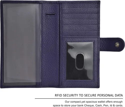 Vista 2 de Carteras de cuero con RFID y bolsillo de chequera para mujer, soporte duplicado de cheques tarjetas y bolígrafos