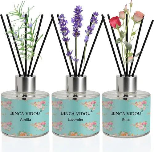 Vista 11 de Juego de difusor de cañas, Binca Vidou difusores de aceite de fragancia natural de lavanda y jazmín con varillas para aromaterapia en el hogar