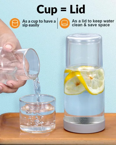Vista 3 de Juego de jarra de agua y vaso para mesita de noche, jarra de agua nocturna con vaso, dispensador de enjuague bucal de vidrio transparente para baño