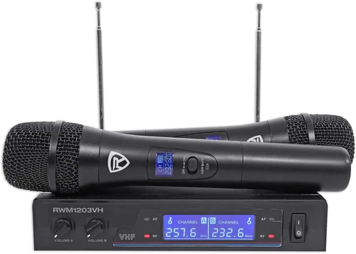 Vista 7 de Rockville RWM1203VH Sistema de micrófonos inalámbricos de mano dual, 2 micrófonos, VHF de largo alcance, sonido claro, pantalla digital