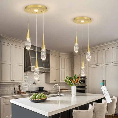 Vista 6 de 3 luces LED colgantes para isla de cocina, lámpara regulable dorada, moderna iluminación colgante de cristal para comedor, dormitorio, sala