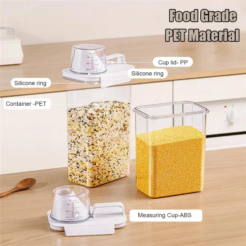 Vista 4 de 2 recipientes de almacenamiento dispensadores de arroz, cubo de arroz pequeño de 1.1 L con taza medidora y boquilla de vertido, recipiente hermético