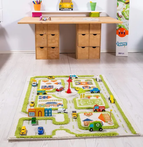 Vista 8 de IVI Alfombra de juego gruesa 3D para niños con diseño de ciudad colorida con campo de fútbol, estacionamiento y carreteras, azul, 32 x 45 pulgadas