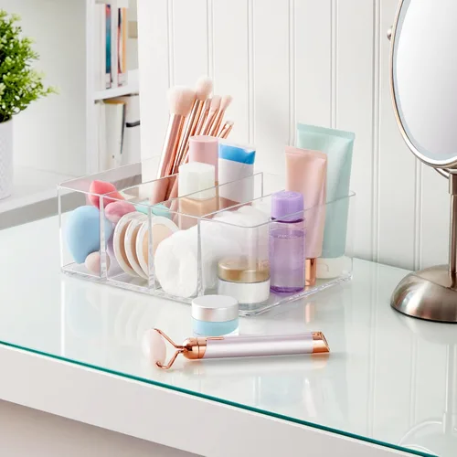 Vista 3 de STORi Organizador de plástico transparente de 4 compartimentos, contenedor de almacenamiento rectangular dividido para maquillaje y tocador, uso