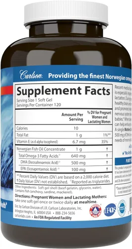 Vista 2 de Carlson - DHA de la madre, 500 mg de DHA, apoyo prenatal, desarrollo fetal y salud inmunológica, 120 cápsulas blandas