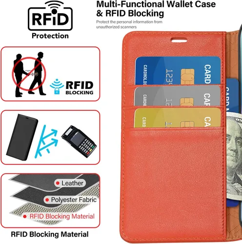 Vista 4 de Utook Funda compatible con iPhone 14 Pro Max, funda magnética de cuero genuino con tapa para teléfono celular con tarjeta de crédito RFID bloqueo a