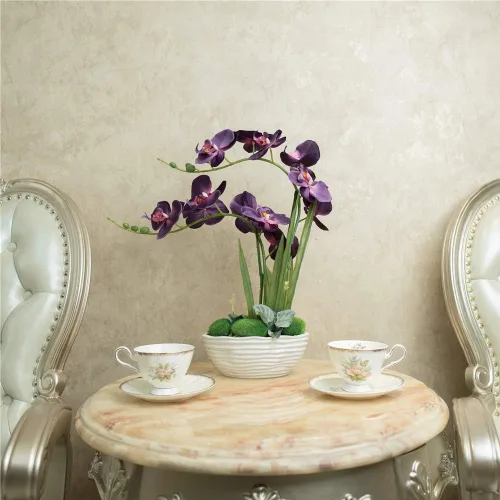 Vista 2 de Planta de orquídea artificial grande en maceta, arreglo floral de seda con jarrón de cerámica, morado oscuro
