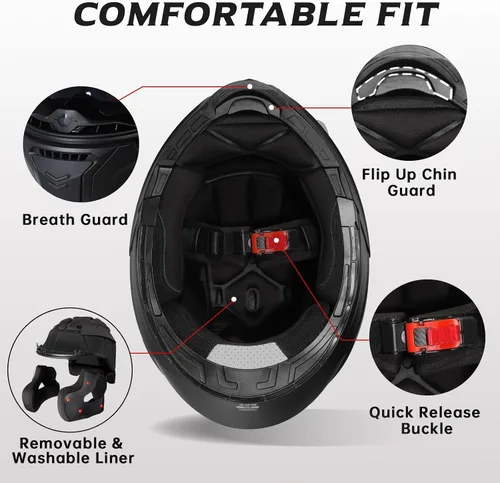Vista 8 de TRIANGLE Cascos de motocicleta modulares para hombres con visera completa abatible, visera doble con protector solar interno, aprobado por DOT