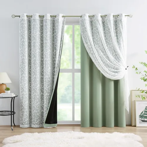 Vista 13 de Jubilantex Cortinas opacas completas + paneles de ventana transparentes con hojas, juego de tratamiento de ventana de doble capa estilo mezcla