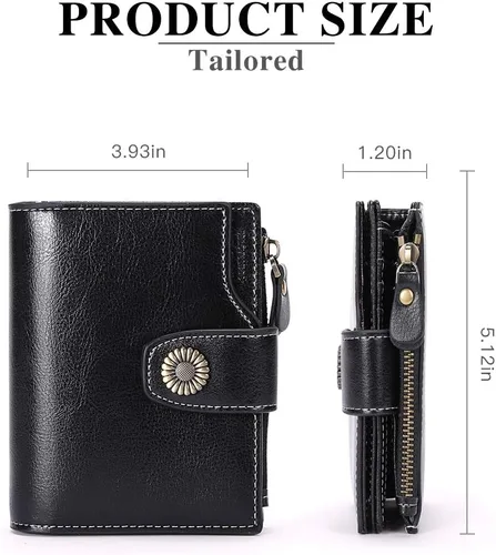 Vista 3 de FALAN MULE - Cartera pequeña plegable para mujer de cuero genuino, compacta, con bloqueo RFID, Negro), 5206