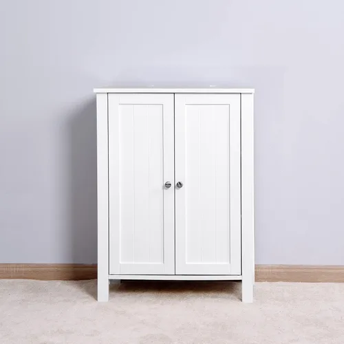 Vista 7 de NewCosmos Gabinete de almacenamiento de piso de baño con estante ajustable de doble puerta, color blanco