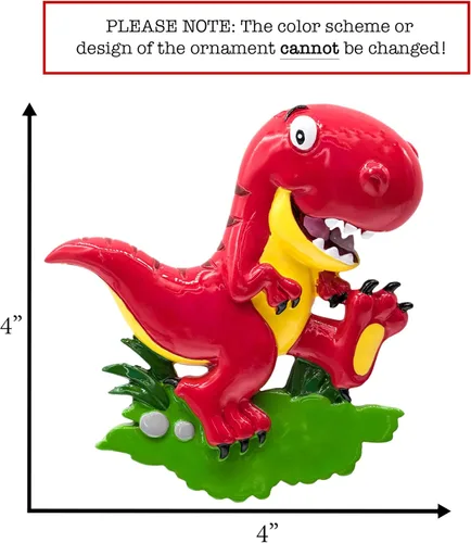 Vista 2 de Adorno navideño personalizado de dinosaurio velociraptor T-Rex 2026 – Personalización gratuita Divertido animal jurásico rojo Dino Trex para árbol