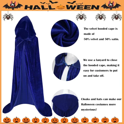 Vista 3 de Capa larga con capucha de Halloween, capa de terciopelo, disfraz de bruja para cosplay