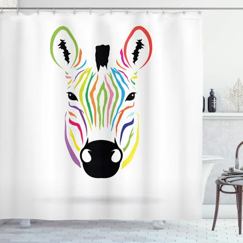 Vista 47 de Ambesonne Cortina de ducha con diseño de ciervo, silueta de animales del bosque brumoso en la naturaleza, diseño de dibujos animados, decoración