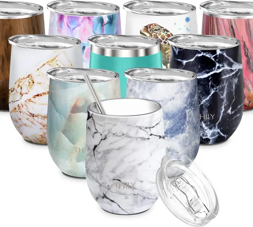 Vista 9 de THILY Vaso de vino aislado de acero inoxidable de 12 onzas, copa de vino sin tallo con tapa deslizante y popote de metal, taza de viaje que mantiene