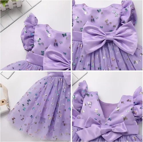Vista 6 de IDOPIP Vestido tutú de mariposa con lentejuelas para bebé, niña de las flores, primera comunión, boda, fiesta de cumpleaños, vestido con lazo