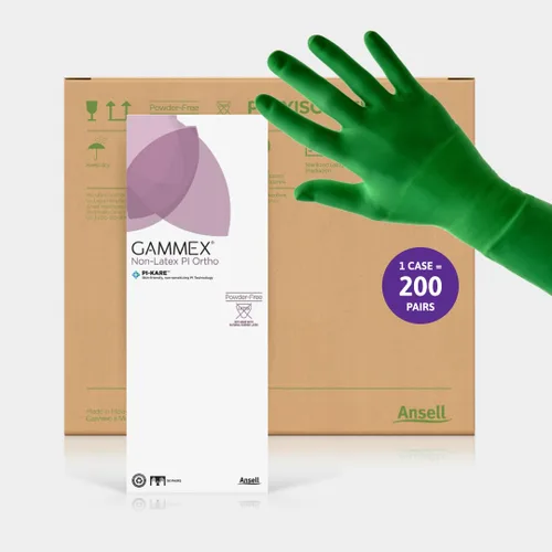Vista 2 de Ansell GAMMEX PI Ortho - Guantes quirúrgicos desechables sin látex ultra gruesos con microtextura para atención médica, talla 8.5, color verde