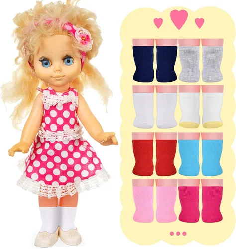 Vista 5 de Honoson 16 pares de calcetines de muñeca para muñecas estadounidenses de 18 pulgadas, accesorios de regalo para vacaciones, cumpleaños, multicolor