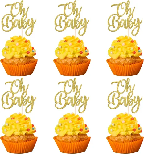 Vista 8 de Rsstarxi Paquete de 24 adornos para cupcakes Oh Baby con purpurina para baby shower, decoración de cupcakes para bautizo de bebé, palillos de Diseño