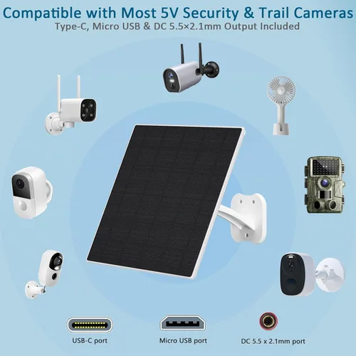 Vista 3 de Zivif Panel Solar de 8W para Cámaras de Seguridad, Cargador de Panel Solar para Cámara con Cable USB-C, DC 5.5x2.1mm y Puerto Micro USB, Resistente