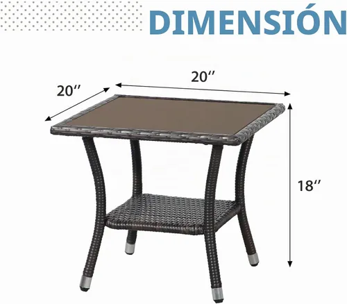 Vista 3 de Super Patio Mesa auxiliar de mimbre para patio al aire libre, mesa de centro de mimbre cuadrada con parte superior de vidrio, marco de aluminio