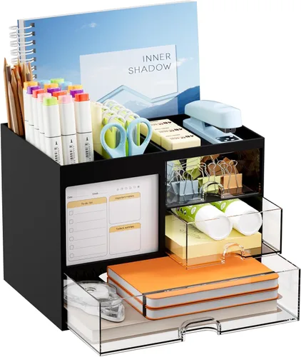 Vista 8 de Marbrasse Organizador de Escritorio con 3 Cajones, Soporte Multifuncional para Lápices y Bolígrafos para Escritorio, Organizador de Escritorio