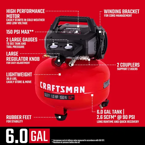 Vista 3 de Craftsman Compresor de Aire Tipo Panqueque de 6 Galones Kit Combo de 4 Herramientas, 150 PSI, Libre de Aceite, Incluye Clavadora de Acabado 16GA