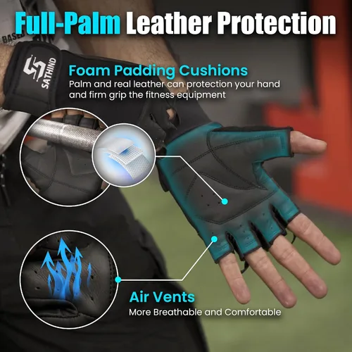 Vista 2 de Guantes de entrenamiento de cuero para hombres y mujeres, guantes antideslizantes para levantamiento de pesas, gimnasio y ciclismo con malla