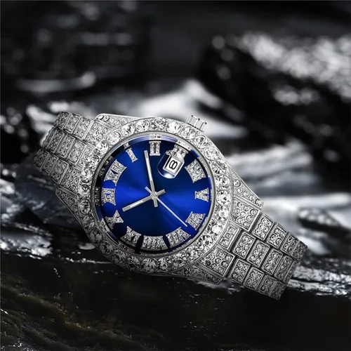 Vista 5 de SENRUD Reloj de pulsera analógico de cuarzo con diamantes de imitación de cristal para hombre, Reloj analógico