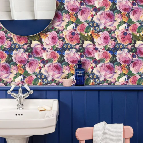 Vista 5 de VaryPaper Papel tapiz vintage floral oscuro de 17.7 x 78.7 pulgadas, diseño de peonía de acuarela, papel tapiz de flores para despegar y pegar