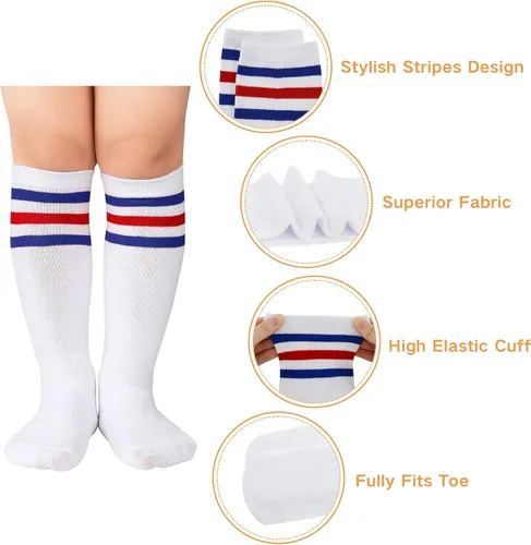 Vista 4 de Komorebi Calcetines de fútbol para niños, calcetines de tubo hasta la rodilla, calcetines de tres rayas de algodón, uniforme deportivo para niñas