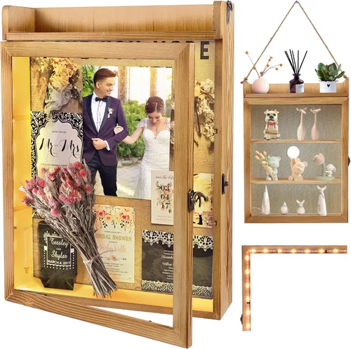 Vista 16 de Marco de caja de sombra de 11 x 16 con luz, vitrina conmemorativa con estantes, cajón y ranura para recuerdos, caja grande de sombra profunda