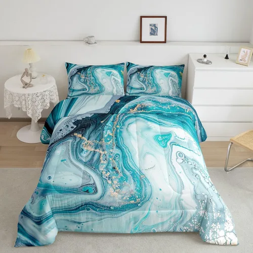 Vista 35 de Feelyou Juego de edredón abstracto para todas las estaciones, juego de ropa de cama negro y azul con 1 funda de almohada con estampado de mármol