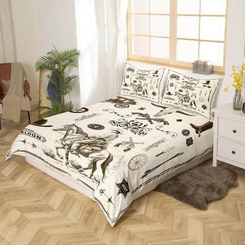 Vista 2 de Juego de funda de edredón de vaquero para niños, tamaño individual, juego de ropa de cama tribal bohemio exótico de 2 piezas para niños Vaquero 04