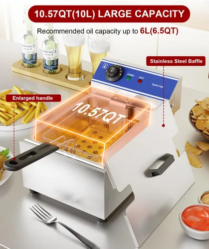 Vista 3 de DULONG Freidora eléctrica comercial, freidora de acero inoxidable para encimera de 10.57/10L con canasta, control de temperatura de 1500 W, freidora